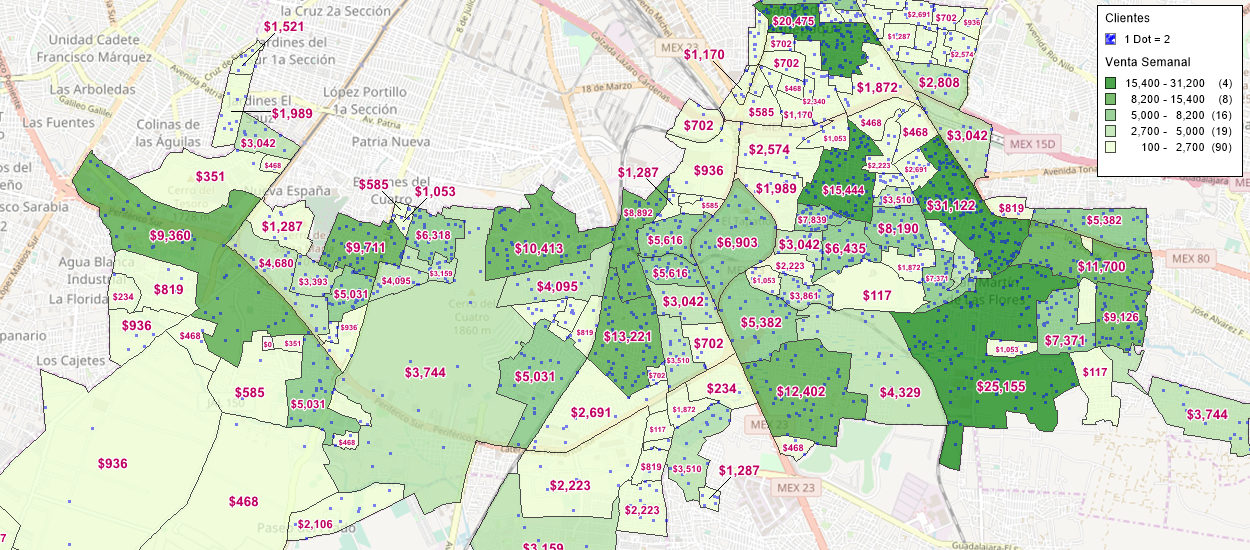 Mapa temático de rangos de ventas - realizado con MapInfo Pro