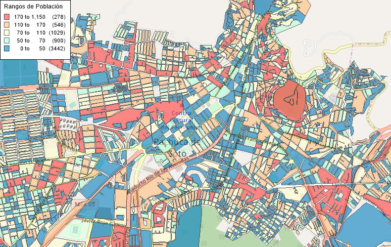 Mapa temático de rangos de población - realizado con MapInfo Pro