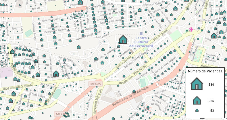 Mapa temático de íconos graduados por número de viviendas - realizado con MapInfo Pro