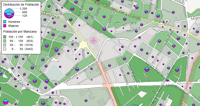 Mapa temático de gráficas de pastel/pie de hombres y mujeres, y de población por manzana