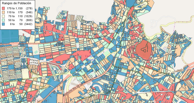 Mapa temático de rangos de población - realizado con MapInfo Pro